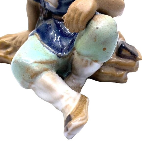 Vintage Mudmen Chinese Man Seated Wood Logs Hat On Back Axe Blue Top Knot Shiwan - Picture 4 of 7